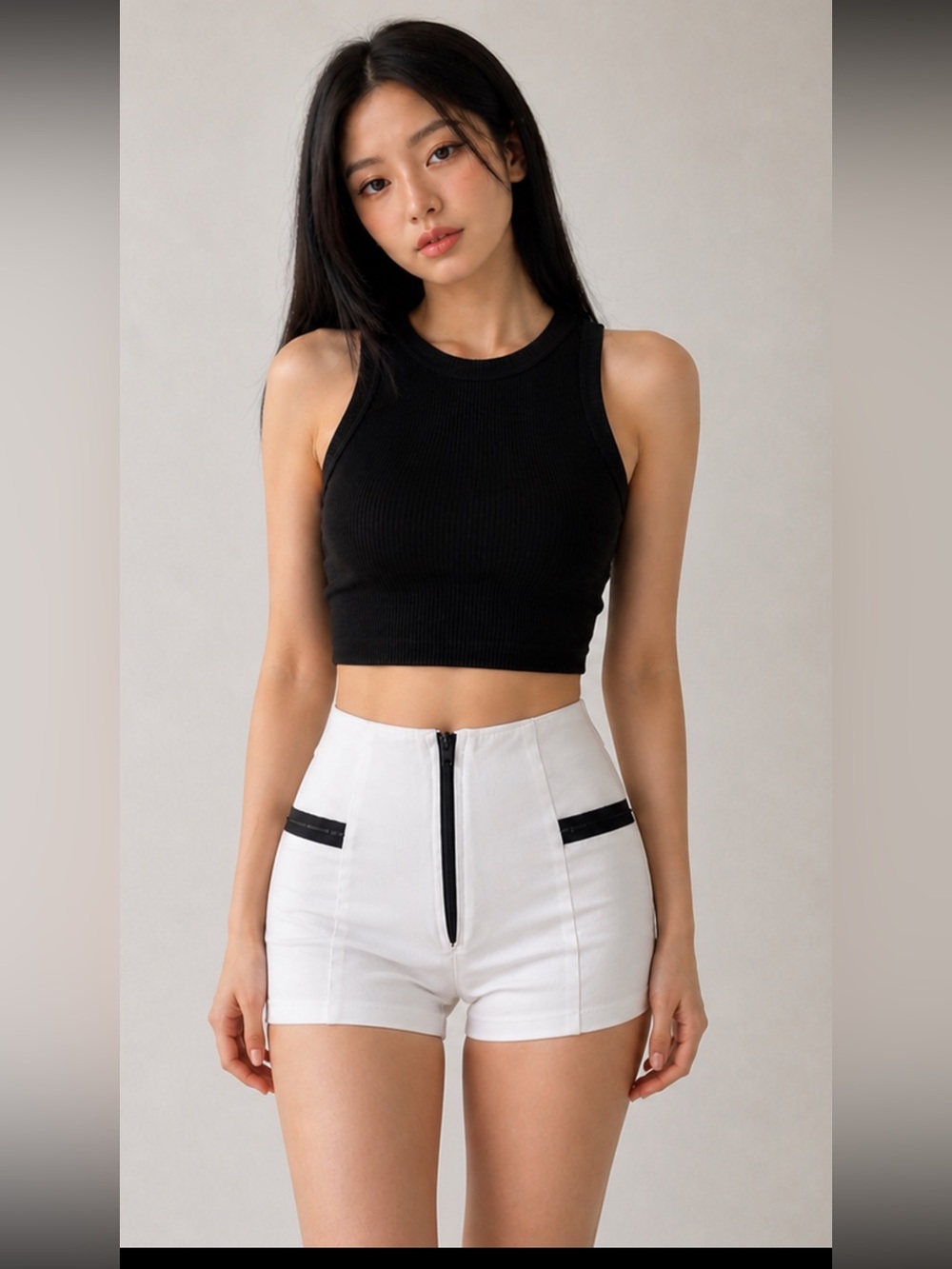 Stretchy High Waist White Shorts with Black Zipper Accents